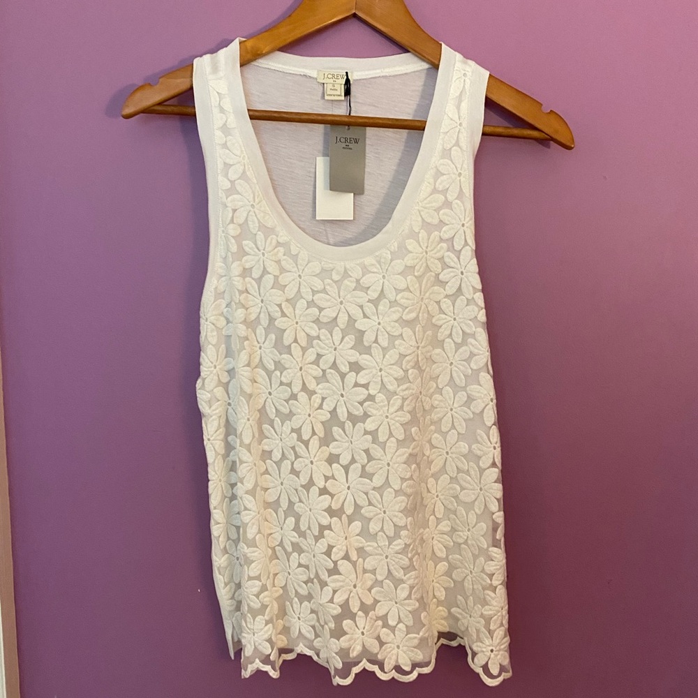 J Crew White embroidered flowers tank top small petite NWT